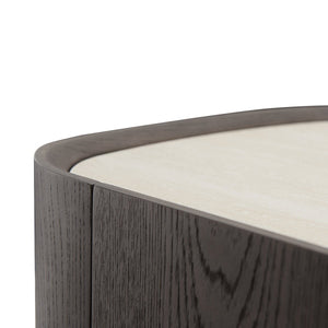 Maison Debrah Jelvor rounded dark elm bar cabinet with white ceramic top and brass feet — view 4