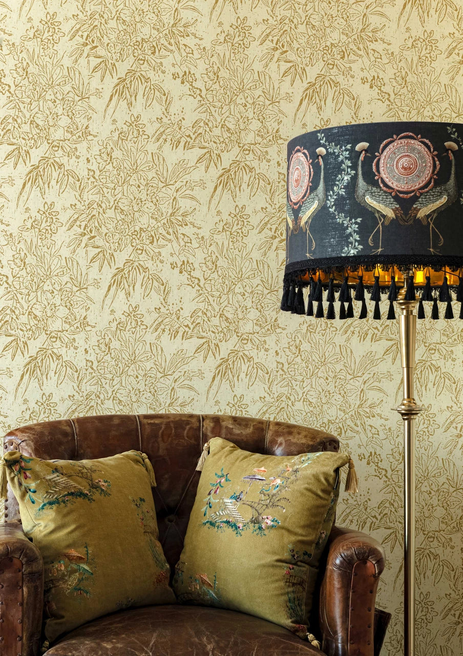 Cherry Orchard wallpaper in Sand by Natty & Polly, styled in an interior