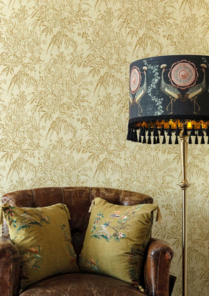 Cherry Orchard wallpaper in Sand by Natty & Polly, styled in an interior