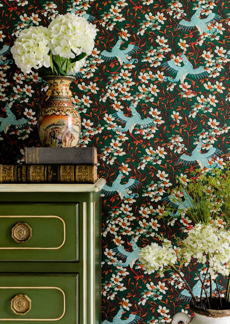 Chinoise Wallpaper in Green & Blue, Cocolea Natty & Polly, Per roll (52 cm × 9 m), ,