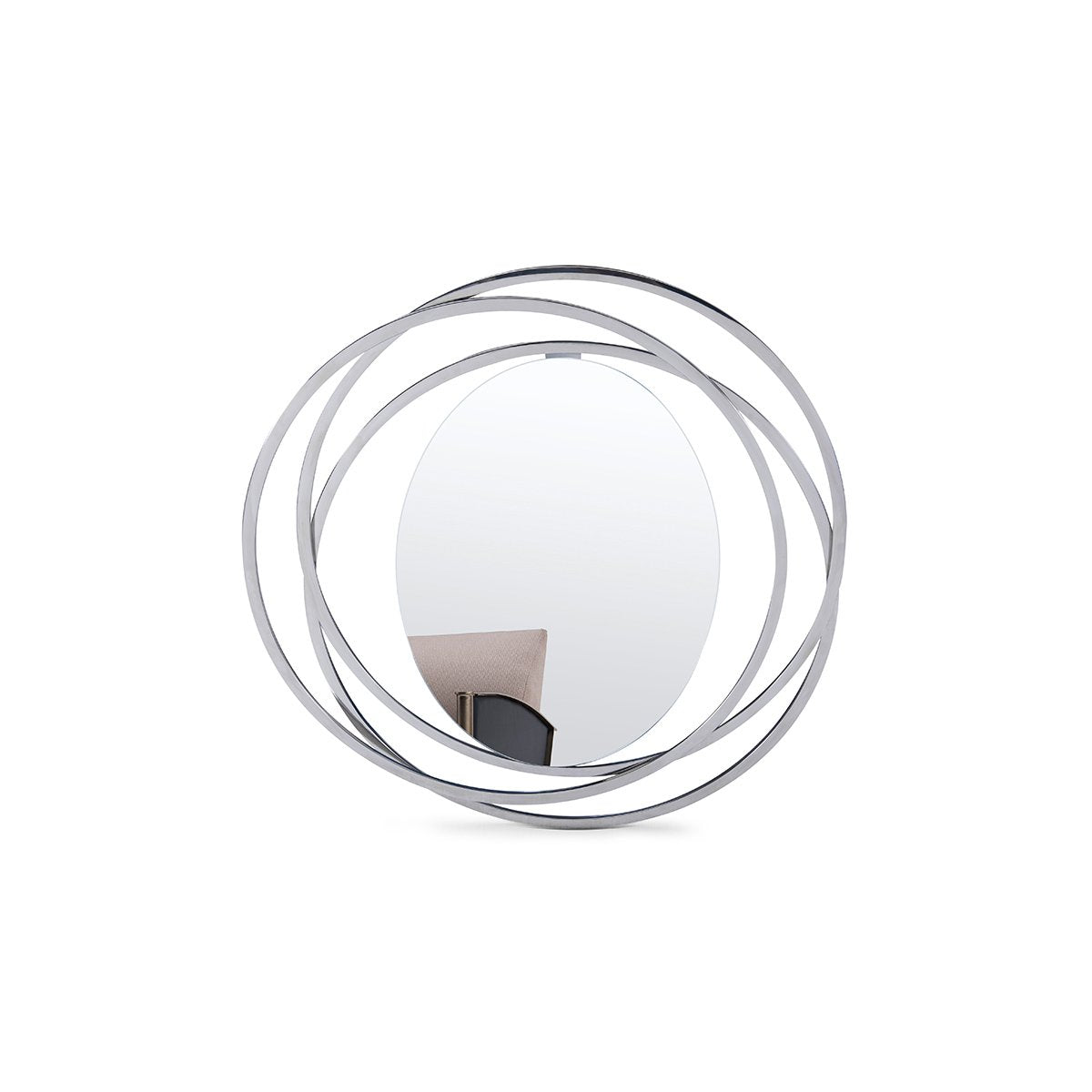 Maison Debrah Corven round mirror with overlapping brushed bronze rings on matte beige backing