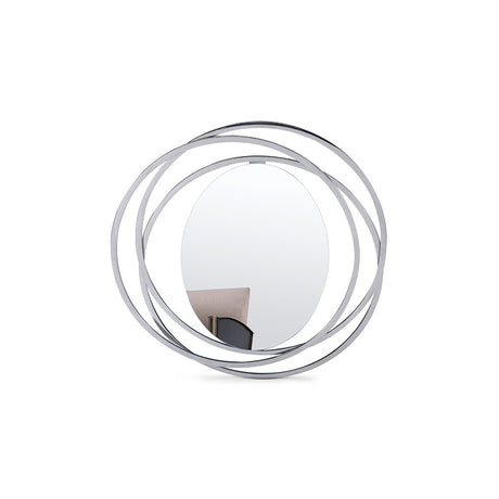 Maison Debrah Corven round mirror with overlapping brushed bronze rings on matte beige backing