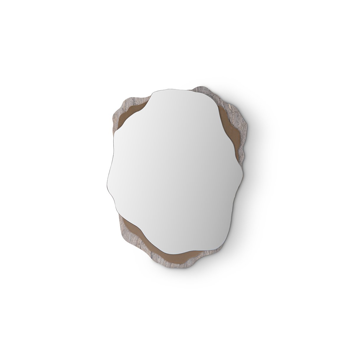 Maison Debrah Brelis undulating wall mirror layered over beige marble and brass panels