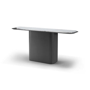 Maison Debrah Cyrin console table with leathered Dream Blue marble top on grey metal base — view 2