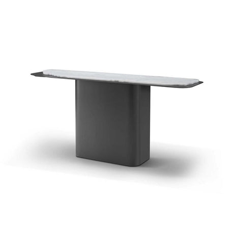 Maison Debrah Cyrin console table with leathered Dream Blue marble top on grey metal base — view 2