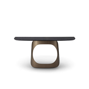 Maison Debrah Lavor console table with dark oak veneer top on an arched brass base