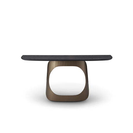 Maison Debrah Lavor console table with dark oak veneer top on an arched brass base