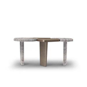 Maison Debrah Varlen console table in grey travertine with central brass lacquer top and leg