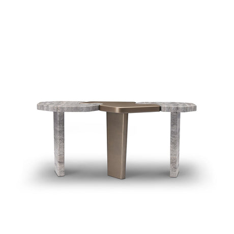 Maison Debrah Varlen console table in grey travertine with central brass lacquer top and leg