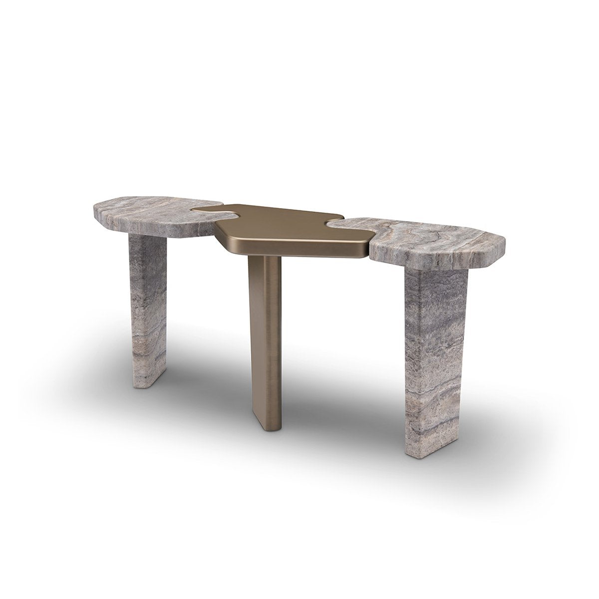 Maison Debrah Varlen console table in grey travertine with central brass lacquer top and leg — view 2