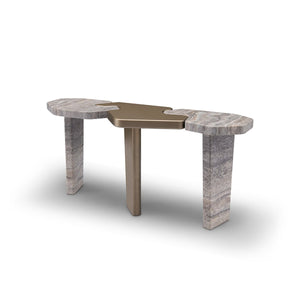 Maison Debrah Varlen console table in grey travertine with central brass lacquer top and leg — view 2