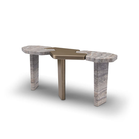 Maison Debrah Varlen console table in grey travertine with central brass lacquer top and leg — view 2