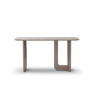 Maison Debrah Brisen silver-grey travertine console table on khaki lacquer blade legs