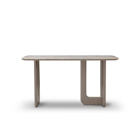 Maison Debrah Brisen silver-grey travertine console table on khaki lacquer blade legs