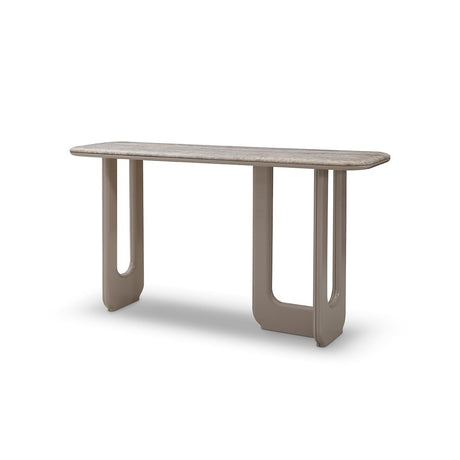 Maison Debrah Brisen silver-grey travertine console table on khaki lacquer blade legs — view 2