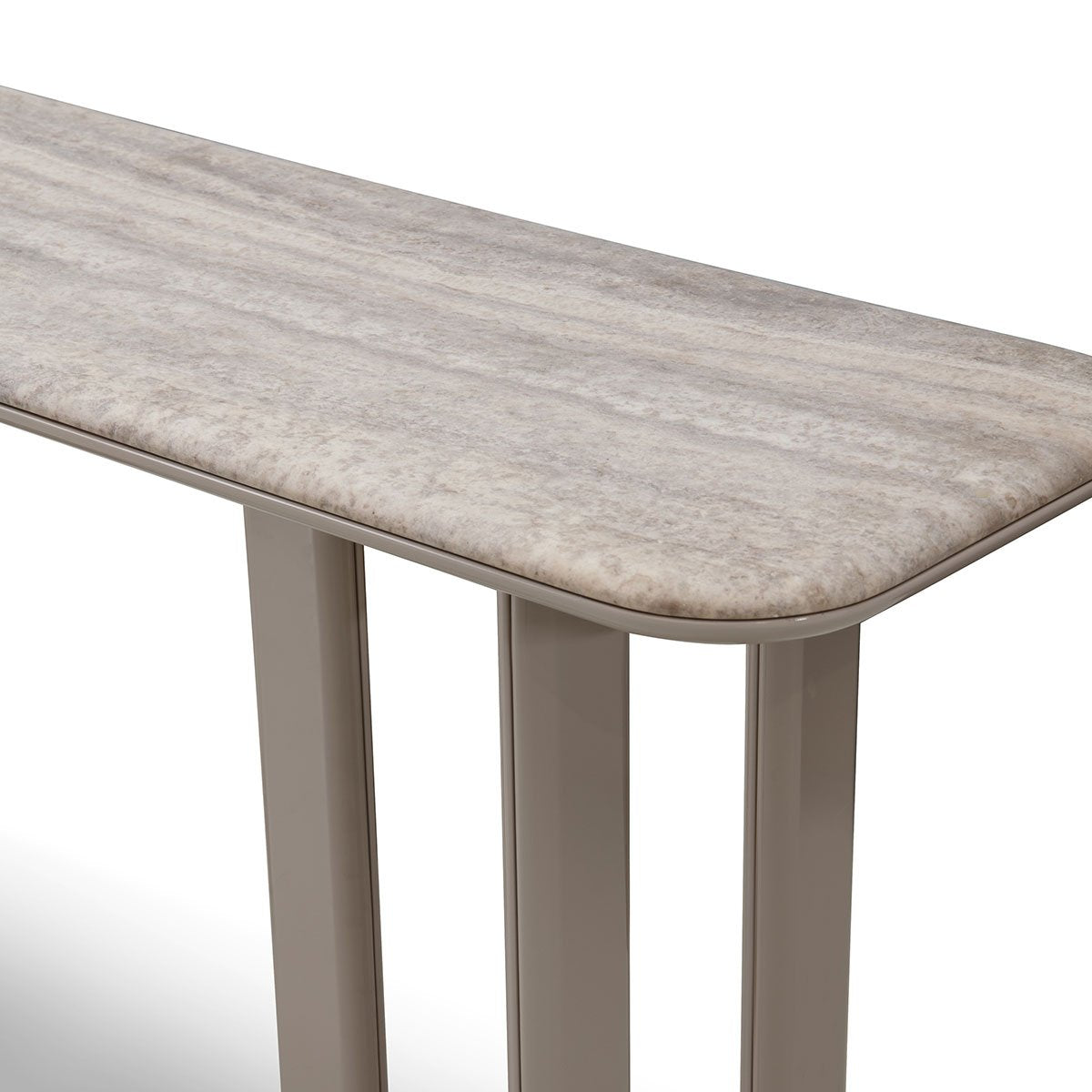 Maison Debrah Brisen silver-grey travertine console table on khaki lacquer blade legs — view 3