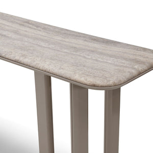 Maison Debrah Brisen silver-grey travertine console table on khaki lacquer blade legs — view 3