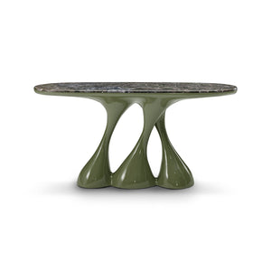 Maison Debrah Sylven green marble console table on a sculpted olive gloss lacquer base