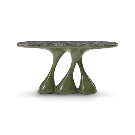 Maison Debrah Sylven green marble console table on a sculpted olive gloss lacquer base