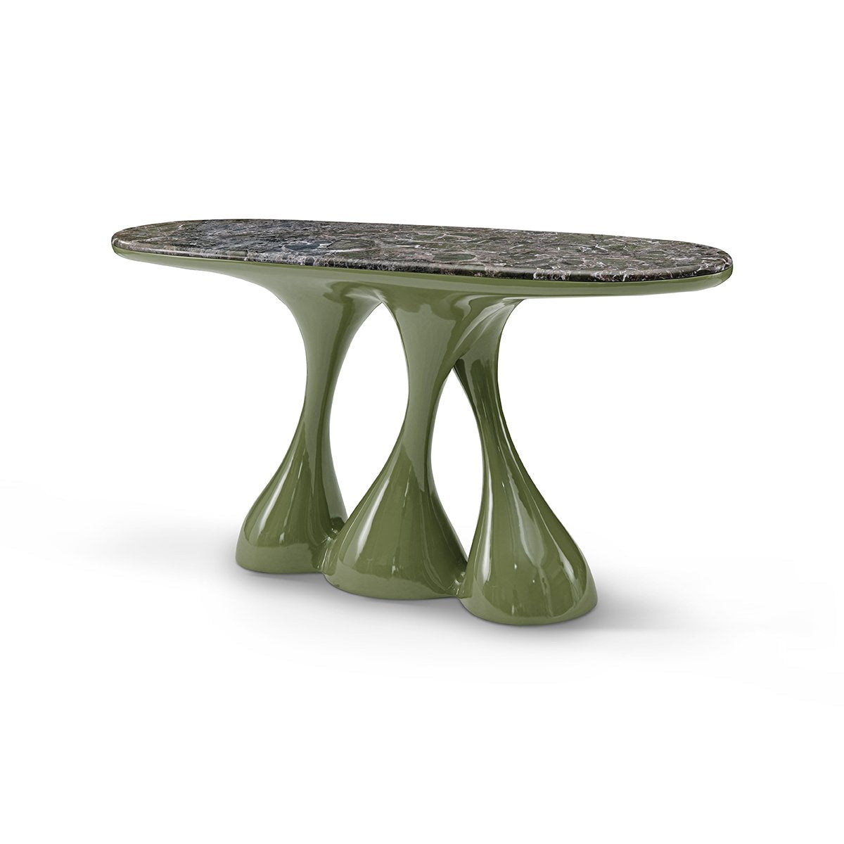 Maison Debrah Sylven green marble console table on a sculpted olive gloss lacquer base — view 2
