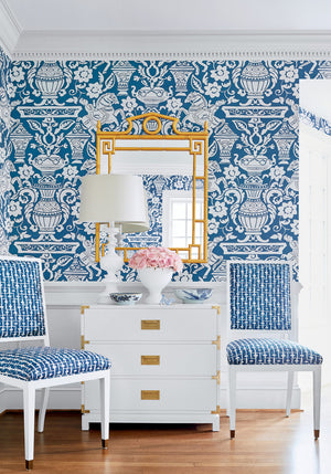 Galway wallpaper in Navy by Natty & Polly, styled in an interior