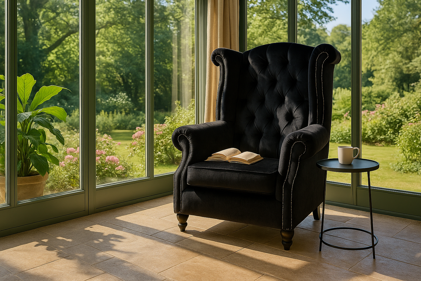 Ethan Grand Chesterfield Wingback Armchair – Black Velvet with Stud Detailing, Cocolea, , ,