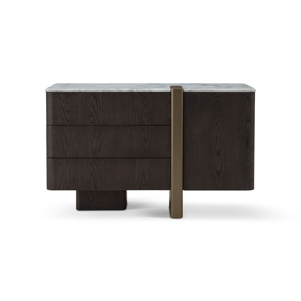 Maison Debrah Oragon low cabinet with white marble top, dark grey elm body and brass leg