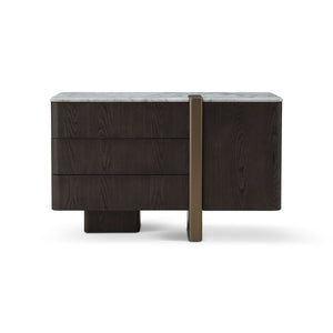 Maison Debrah Oragon low cabinet with white marble top, dark grey elm body and brass leg