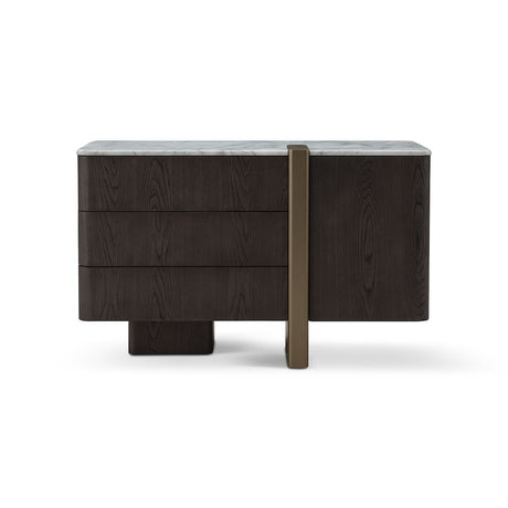 Maison Debrah Oragon low cabinet with white marble top, dark grey elm body and brass leg