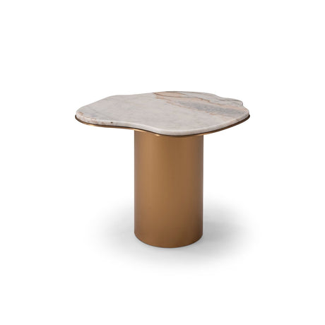 Maison Debrah Caldor round rose gold marble side table on cylindrical brushed brass frame