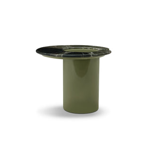 Maison Debrah Astren round green marble side table offset on olive green gloss cylinder base — view 2