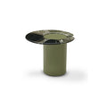 Maison Debrah Astren round green marble side table offset on olive green gloss cylinder base