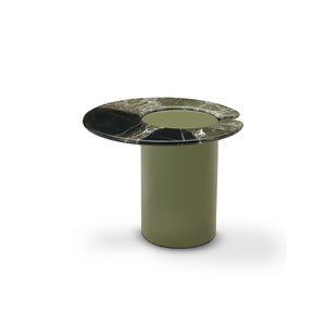 Maison Debrah Astren round green marble side table offset on olive green gloss cylinder base