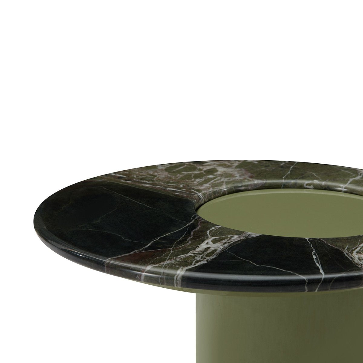 Maison Debrah Astren round green marble side table offset on olive green gloss cylinder base — view 3
