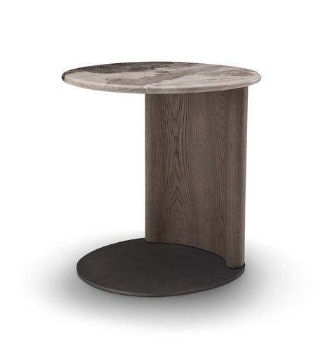 Maison Debrah Torvenne curved elm side table with leathered brown marble top — view 2