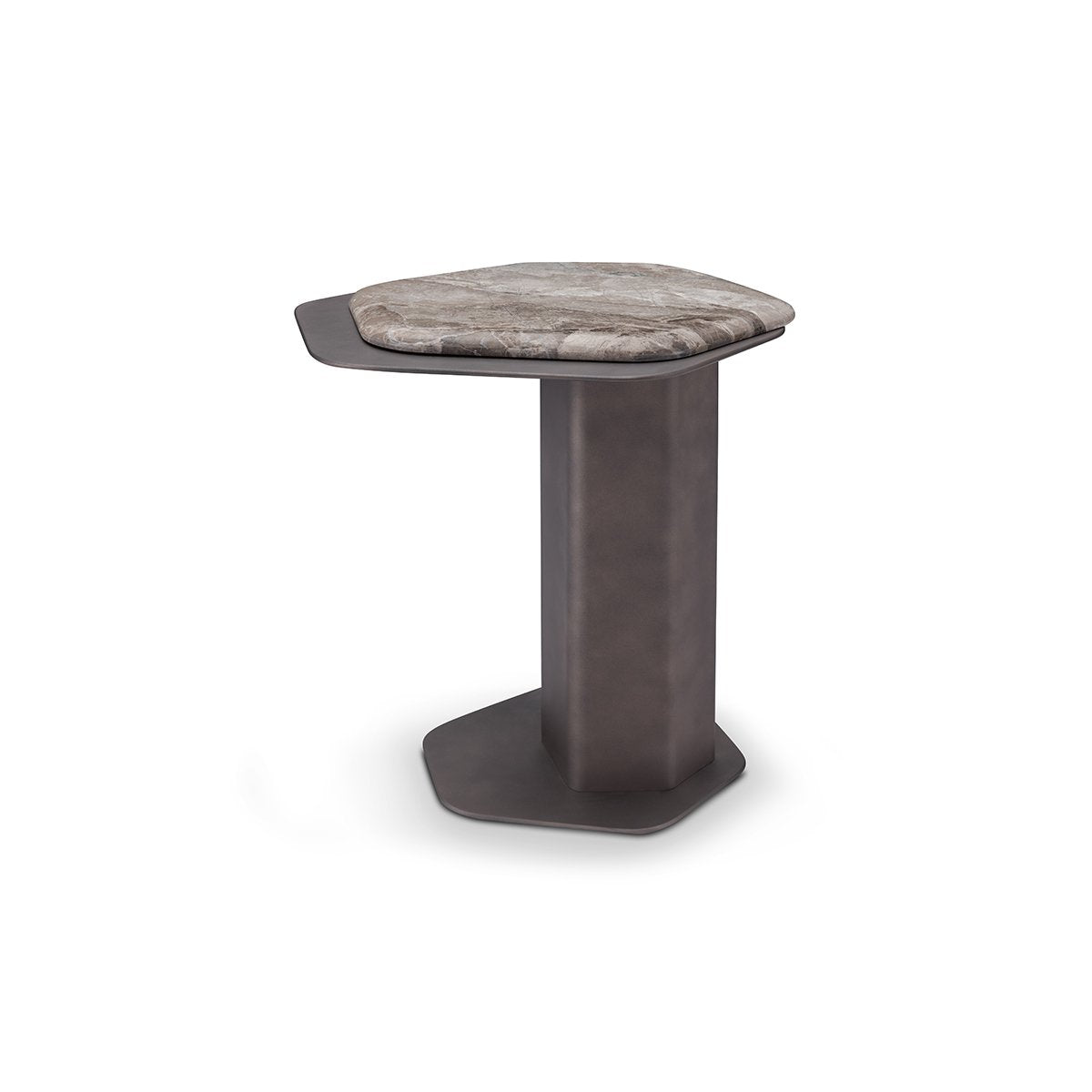 Maison Debrah Weslor side table with leathered brown marble top and two-tone grey metal pedestal