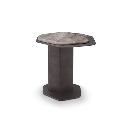 Maison Debrah Weslor side table with leathered brown marble top and two-tone grey metal pedestal — view 2