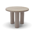 Maison Debrah Torvo round white travertine side table on an olive green gloss pedestal