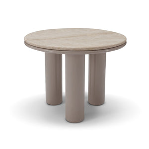 Maison Debrah Torvo round white travertine side table on an olive green gloss pedestal