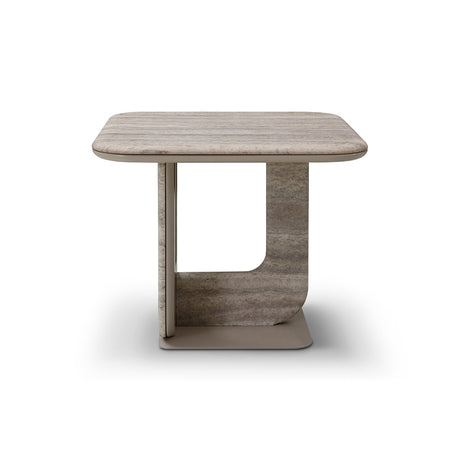Maison Debrah Xeril end table with silver-grey travertine top and khaki high-gloss lacquer loop leg