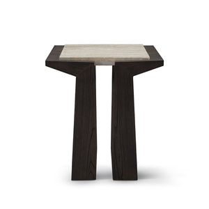 Maison Debrah Varek side table with matte silver-grey travertine top and dark grey elm legs