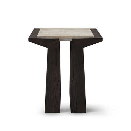 Maison Debrah Varek side table with matte silver-grey travertine top and dark grey elm legs