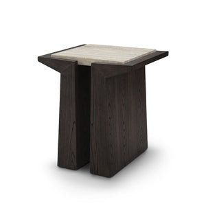 Maison Debrah Varek side table with matte silver-grey travertine top and dark grey elm legs — view 2