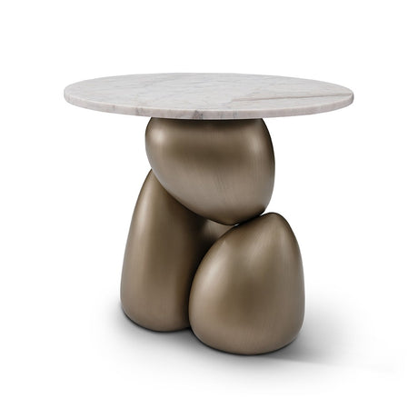 Maison Debrah Galettre round Candaglia marble side table on three brushed brass pebble legs