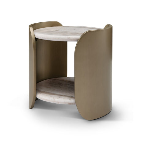 Maison Debrah Arcvelle round white marble side table with curved brushed brass fins — view 2