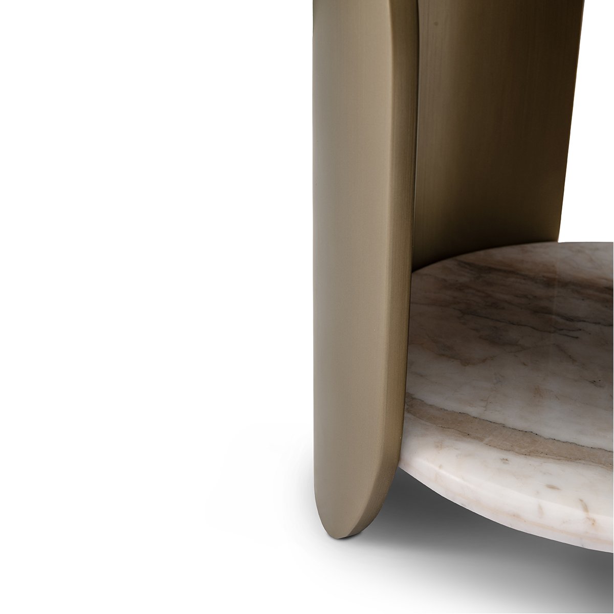 Maison Debrah Arcvelle round white marble side table with curved brushed brass fins — view 3
