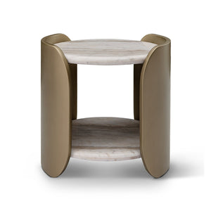 Maison Debrah Arcvelle round white marble side table with curved brushed brass fins