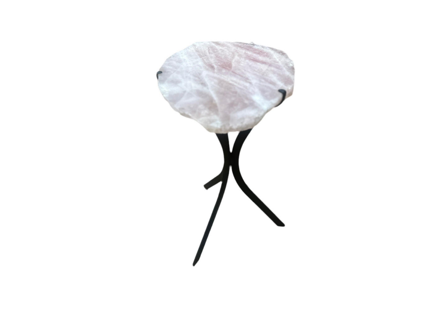 Hyalos Pink Quartz Side Table – Wild Cut Brazilian Stone on Wrought Iron Frame