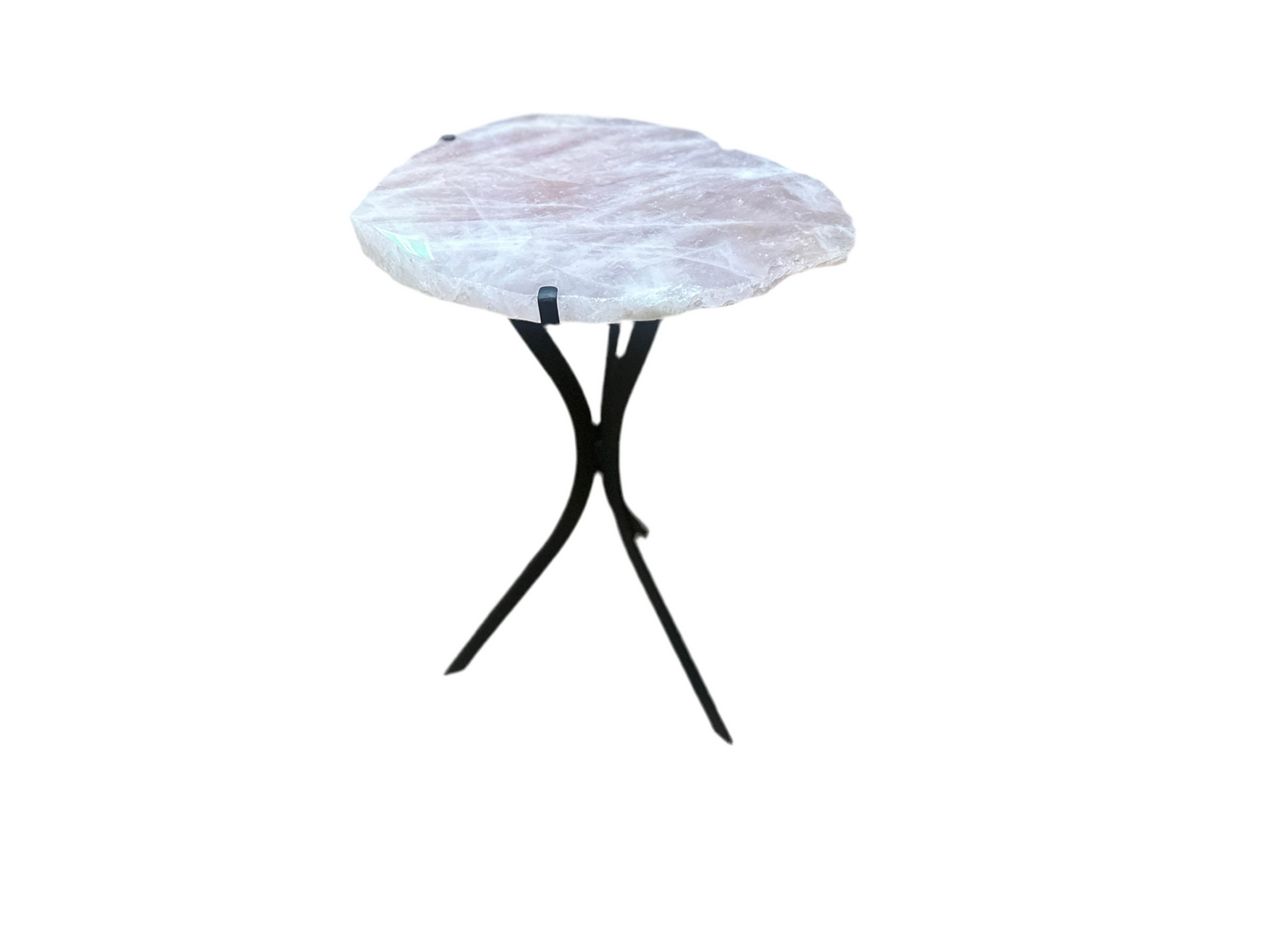 Hyalos Pink Quartz Side Table – Wild Cut Brazilian Stone on Wrought Iron Frame
