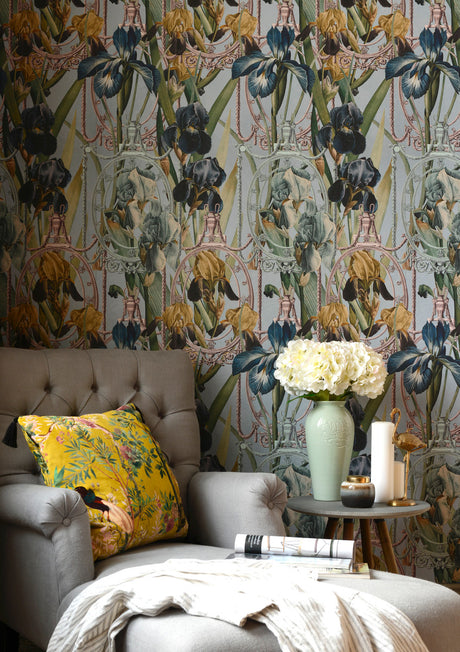 Fleurs d'Iris wallpaper by Natty & Polly, styled in an interior
